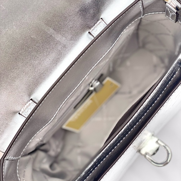 Michael Kors Manhattan Medium Red Leather Satchel Crossbody Bag Silver - Picture 8 of 11